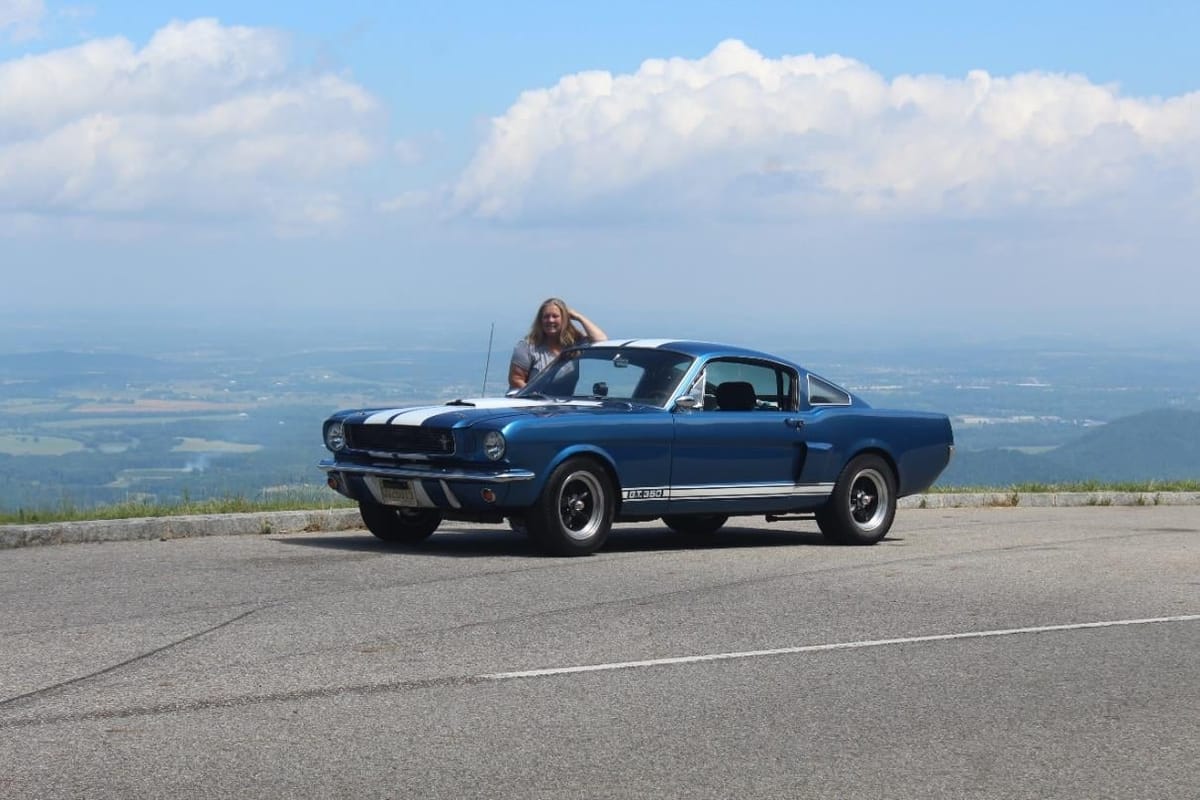 Sandy with Blue at an overlook on the Parkway