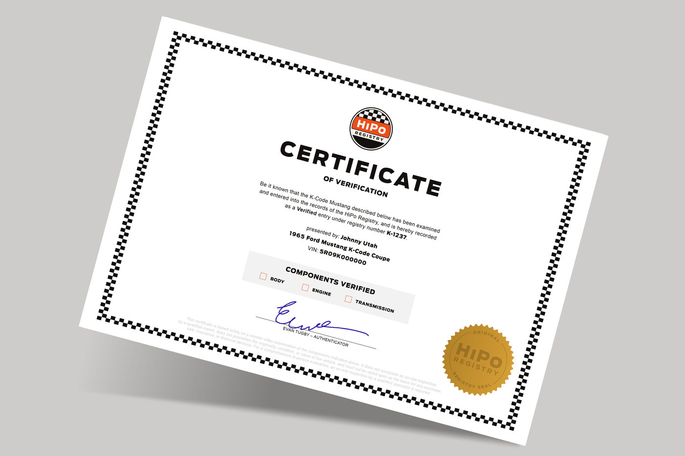 HiPo Registry certificate of verification with K-number, verified components checklist, signature, and gold registry seal