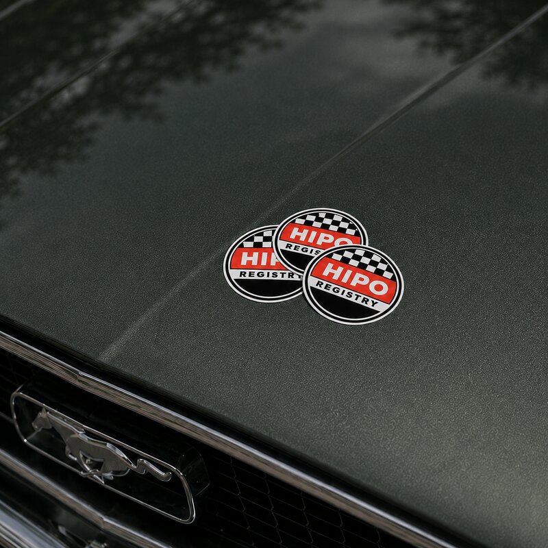 HiPo Registry sticker pack on the hood of a 1967 Mustang