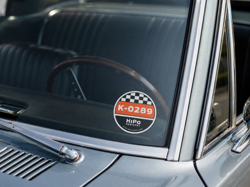 HiPo Registry window sticker with personal K-number on a 1965 Mustang quarter window